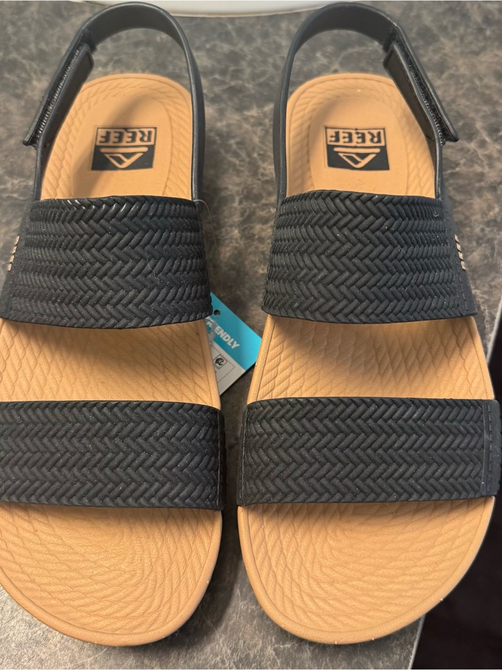 Reef Black and Tan Double Strap Slide Sandals - Picture 2 of 4